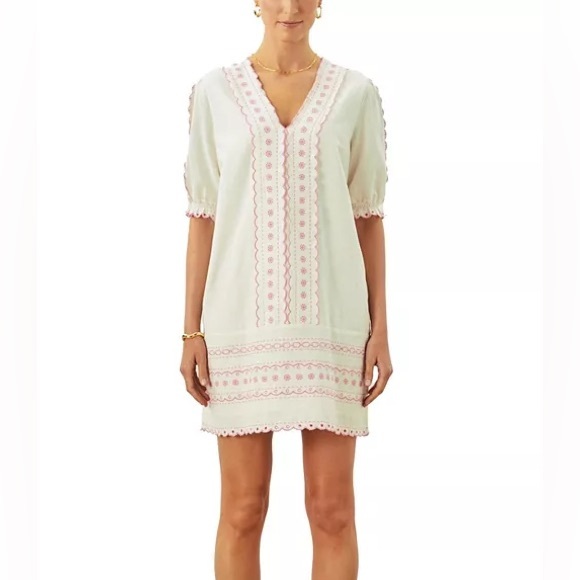 Cartolina Nantucket Dresses & Skirts - NWOT Cartolina Ivory & Pink Embroidered V-Neck Shift Dress | Boho Resort Style